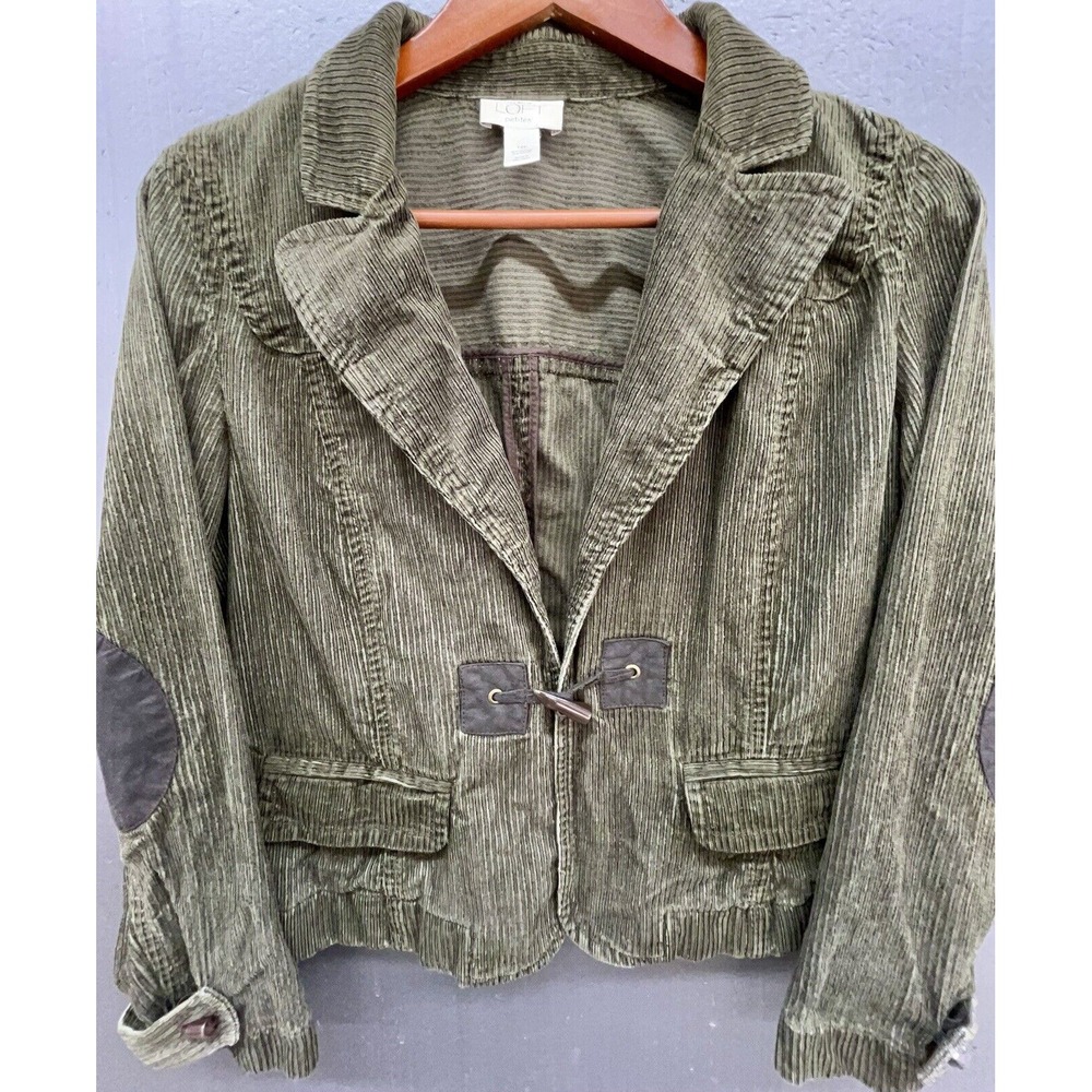 Loft‎ Petites Blazer 12P Olive Green Corduroy Toggle Elbow Patches Preppy Jacket